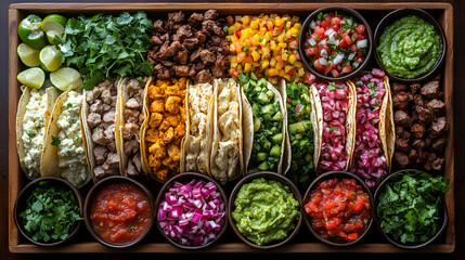 Fototapeta premium Overhead view of colorful Mexican taco ingredients, rustic wooden box, vibrant food photography