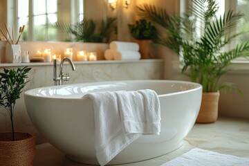 Fototapeta premium Serene bathroom with bathtub and candles in background