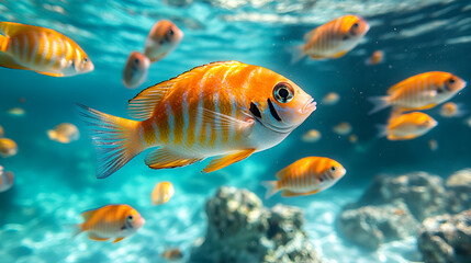 Fototapeta premium Vibrant tropical fish in coral reef, crystal clear turquoise water, underwater photography
