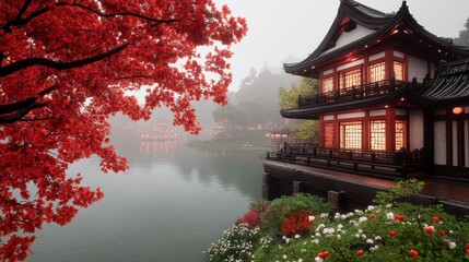 Fototapeta premium Serene Asian House by Misty Lake with Autumn Leaves