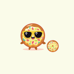 A fun collection of cute cartoon foods, including a cheerful pizza slice with gooey cheese and sparkling eyes, a cool donut with bright sprinkles and funky sunglasses, a happy broccoli
