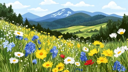 Fototapeta premium Vibrant Wildflower Meadow in a Mountain Valley Landscape