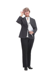 Front view of businesswoman with clipboard and finger point up