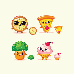 A fun collection of cute cartoon foods, including a cheerful pizza slice with gooey cheese and sparkling eyes, a cool donut with bright sprinkles and funky sunglasses, a happy broccoli