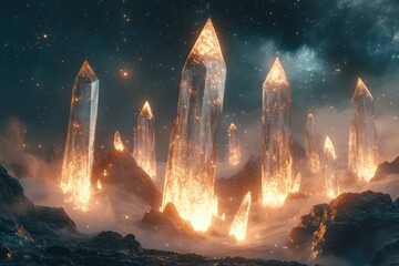 A surreal landscape with giant, floating crystals emitting energy, surrounded by a mysterious mist that glows softly under the light of distant stars