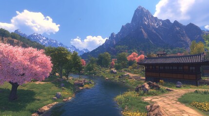 Serene Asian Valley Landscape with Traditional House
