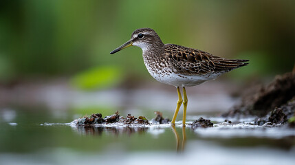 Shorebird wading through shallow water in a serene natural setting during daytime