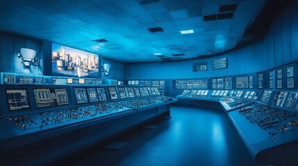interior view of a nuclear control room with glowing digital panels, holographic reactor models, and advanced monitoring systems, illuminated by soft blue and white lighting