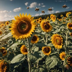 Fototapeta premium A vibrant sunflower surrounded by buzzing honeybees.