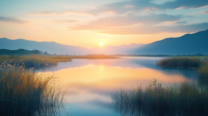 Fototapeta premium Serene sunset over a tranquil lake with mountains in the background near lush wetlands