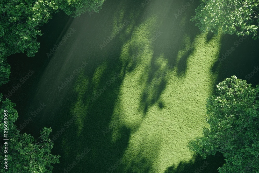 Poster creative view of sunlight breaking through forest trees casting shadows on green floor with copy spa