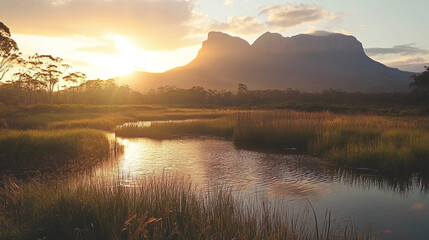 Obraz premium Stunning sunset over a tranquil wetland with mountains in the background