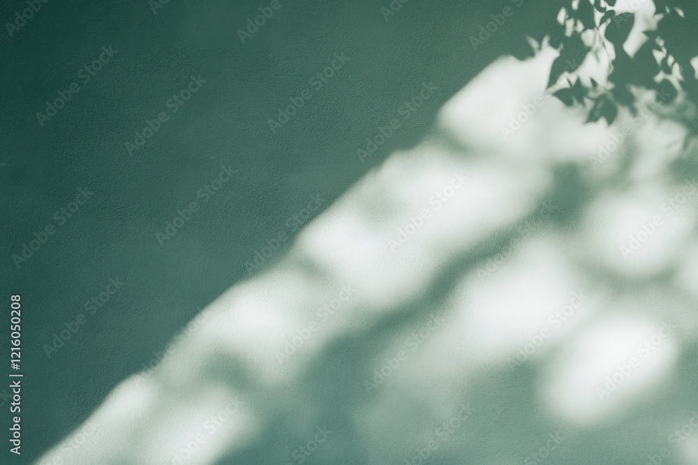 Poster creative view of sunlight breaking through forest trees casting shadows on green floor with copy spa