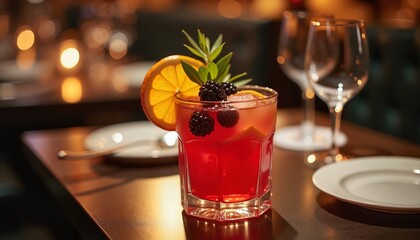 Elegant fruit punch with citrus and berries, warm ambiance, cocktail party invitation