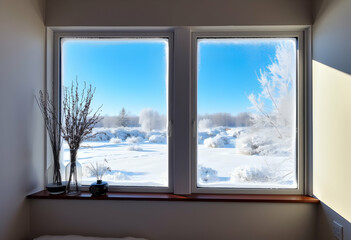 Serene winter view, large window, minimalist white room, vase with dried plants, snowy landscape outside, bright natural light, tranquil atmosphere, clean interior design, panoramic window, zen-like s