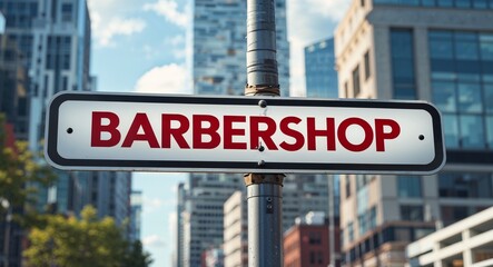 Obraz premium Barbershop text on road sign in middle of modern business city background