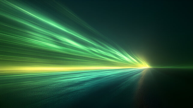 Abstract digital landscape with green and yellow light streaks, sci-fi atmosphere, futuristic energy beams
