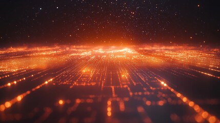 Fototapeta premium abstract representation of data streams flowing through a futuristic grid, with glowing lines, nodes, and particles forming a quantum network in a dark, high-tech environmen, 16:9