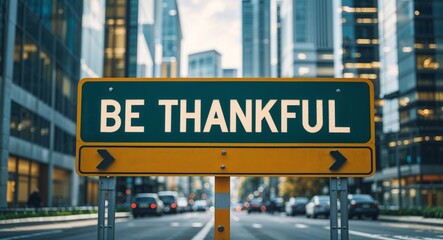 be thankful text on road sign in middle of modern business city background