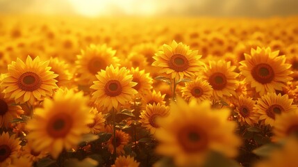 Sunlit Sunflower Field Sunset Landscape, Nature