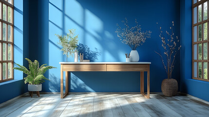A vibrant blue interior with sunlight casting shadows, a minimalist wooden table, large windows, indoor plants, and modern rustic design elements creating a serene and stylish space