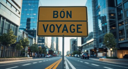Obraz premium bon voyage text on road sign in middle of modern business city background