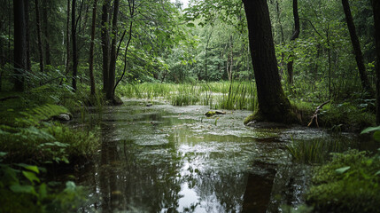 Obraz premium Tranquil forest landscape with still water reflecting trees and lush greenery