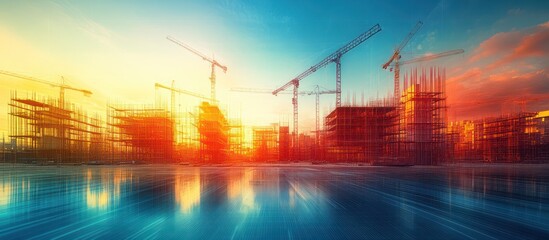 Cityscape construction sunset cranes