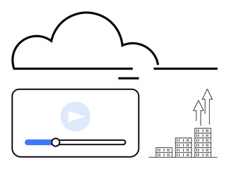 Cloud outline above video player interface with loading bar beside growing bar chart. Ideal for technology, streaming, cloud storage, business progress, growth, innovation, abstract line flat