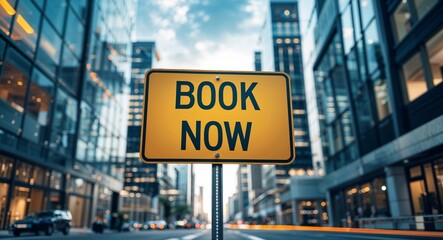 Obraz premium Book now text on road sign in middle of modern business city background