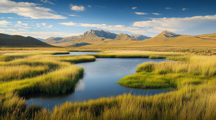 Fototapeta premium Scenic wetland landscape with greenery and mountains during clear afternoon