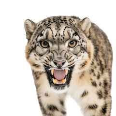 Obraz premium Snow Leopard Displaying Its Fierce Expression isolated on white or transparent background, png. Easy to place on any other background