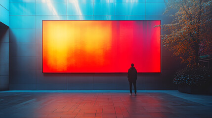 Neon installation with a glowing display, silhouette figure, and vibrant orange-red gradients, in a futuristic art gallery with reflective concrete walls

