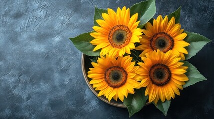 Sunflowers arranged on dark tray, overhead view