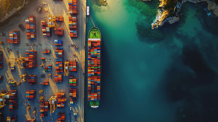 Naklejka premium Aerial View of Cargo Ship at Port: Global Trade and Maritime Logistics