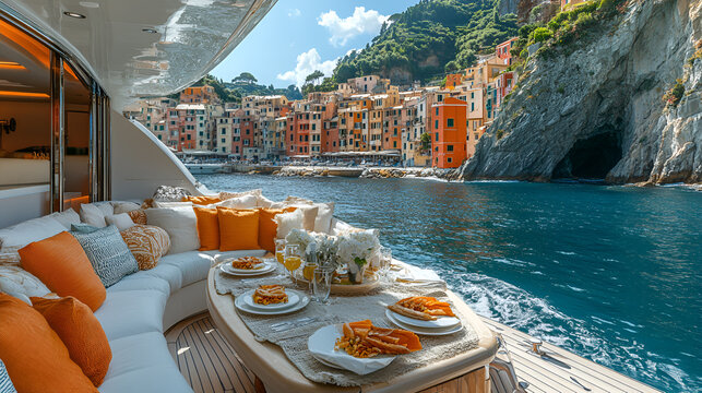 Luxury yacht deck with Mediterranean village view, turquoise water, gourmet breakfast, and seaside scenery