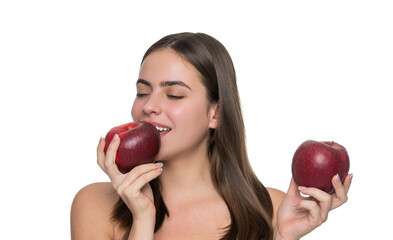 Young girl with apple fruit. Vitamin and dieting. Woman eating healthy food. Detox diet. Natural...