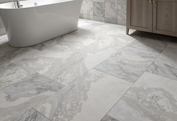 Minimalist Marble Bathroom: Gray Tiles, Large Slabs, White Bathtub, Modern Interior, Clean Design, Stone Texture, Elegant Fixtures, Home Style, Interior Scene

