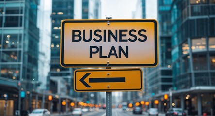 Obraz premium business plan text on road sign in middle of modern business city background