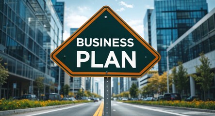 Obraz premium business plan text on road sign in middle of modern business city background