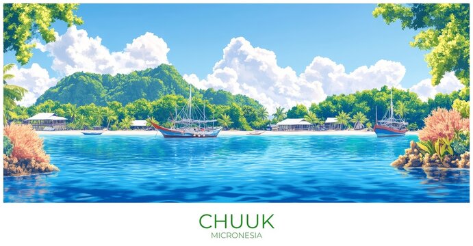 Chuuk Micronesia Travel Poster Flat Illustration Print Decor Gift Canvas Wall Art