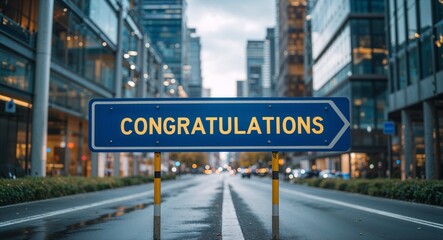 Obraz premium congratulations text on road sign in middle of modern business city background