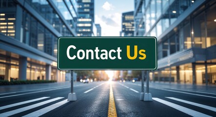 contact us text on road sign in middle of modern business city background