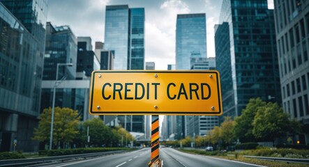 Obraz premium Credit card text on road sign in middle of modern business city background