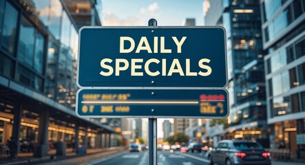 daily specials text on road sign in middle of modern business city background