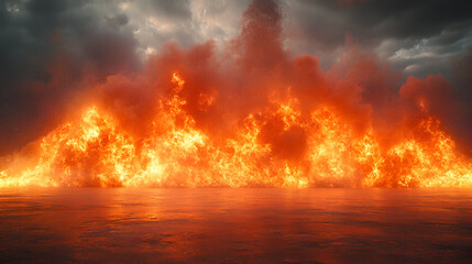 Fototapeta premium A massive fire on the horizon with stormy clouds and an orange glow reflecting on the water