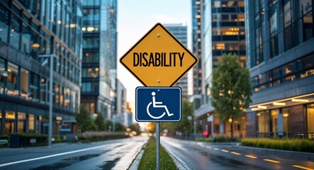 disability text on road sign in middle of modern business city background