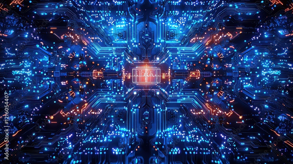 Poster dynamic digital circuitry network virtual space abstract art futuristic environment aerial view tech
