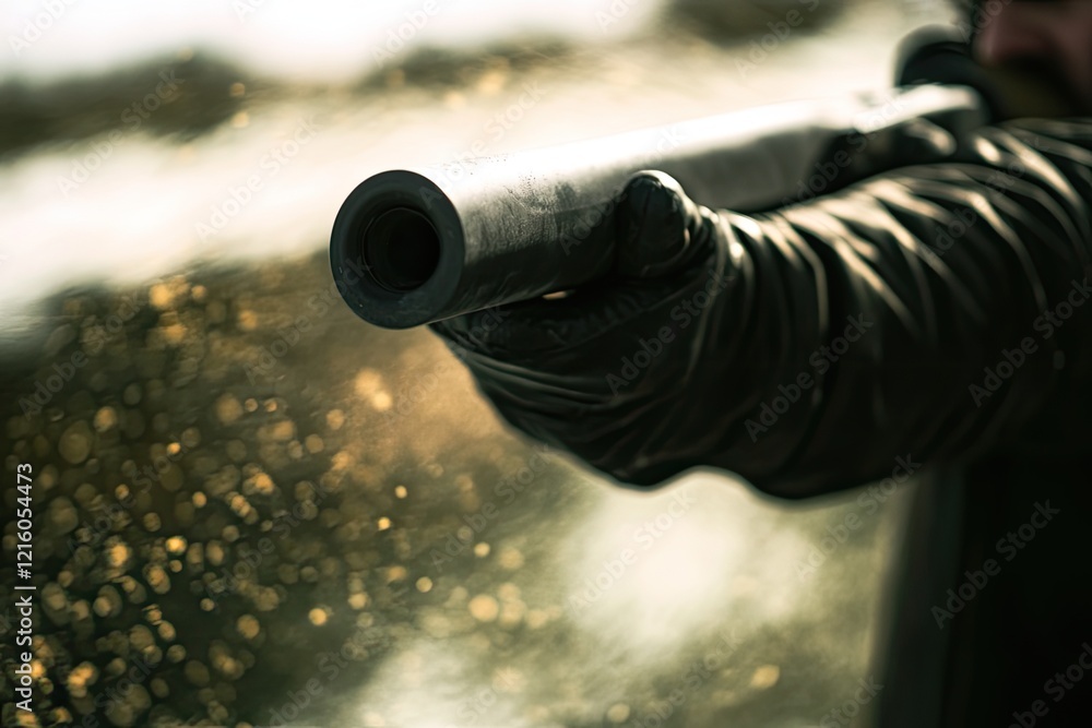 Poster dramatic action shot of shooter reloading shotgun motion dynamic with range softly blurred in backgr
