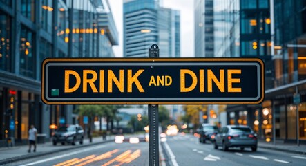 Obraz premium drink and dine text on road sign in middle of modern business city background